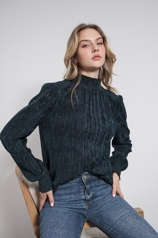 Smoked Mock Neck Velvet Ribbed Top