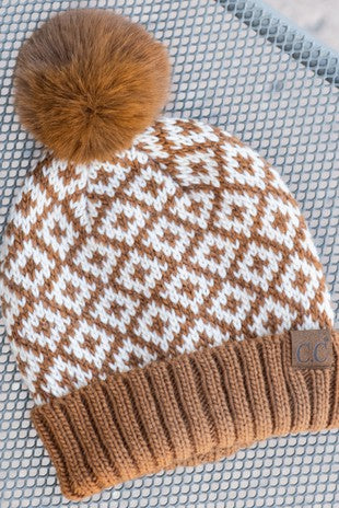 CC Diamond Pattern Fur Pom Beanie