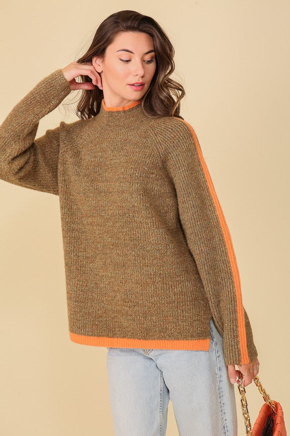 MARLED BROWN RAGLAN SLEEVE FUNNEL NECK SWEATER