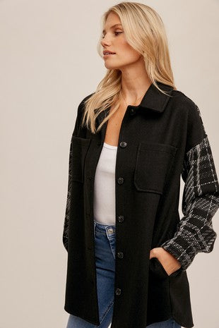 PLAID TWEED CONTRAST BUTTON DOWN SHACKET COAT