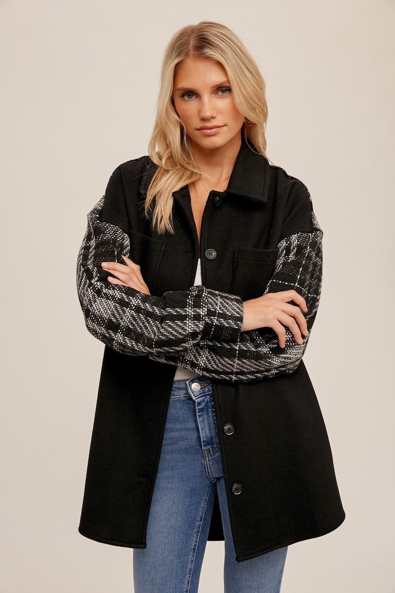 PLAID TWEED CONTRAST BUTTON DOWN SHACKET COAT