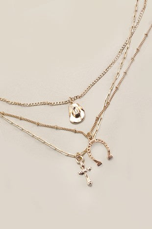 Trio Layer Horseshoe Hat Cross Cahrm Necklace