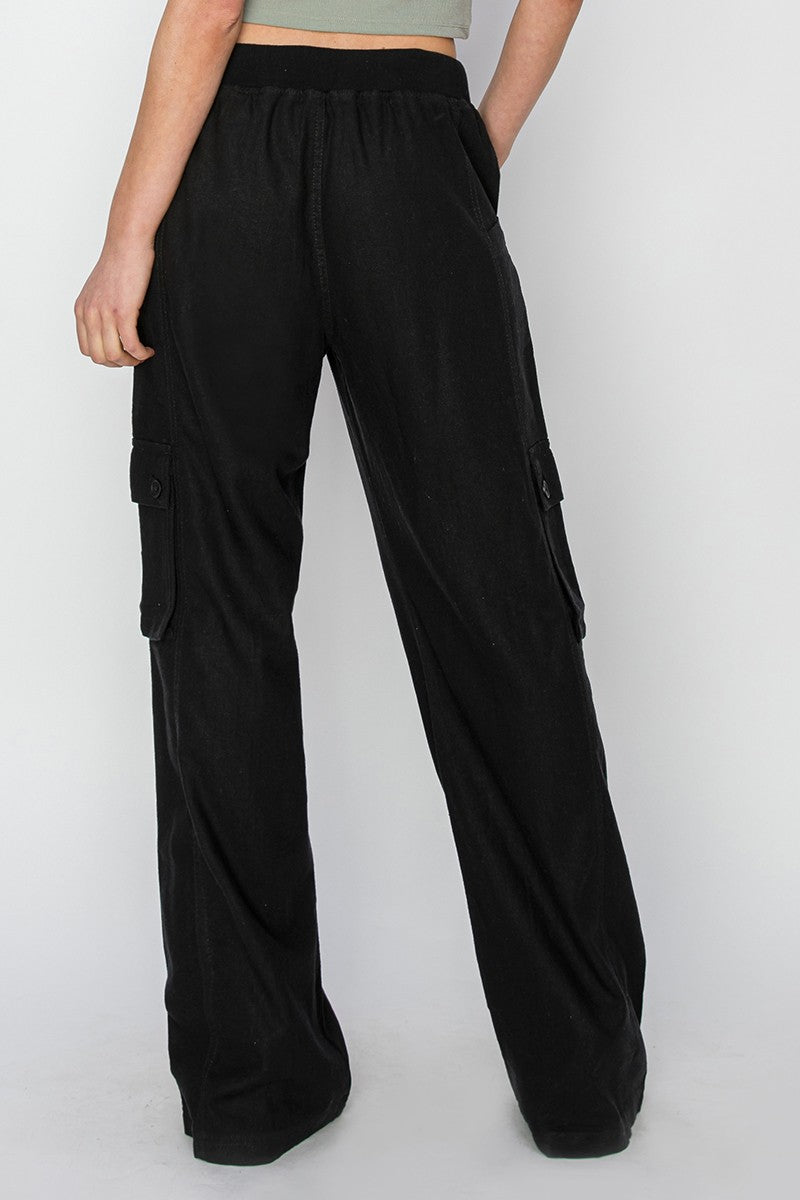 HIGH RISE LINEN WIDE CARGO PANTS