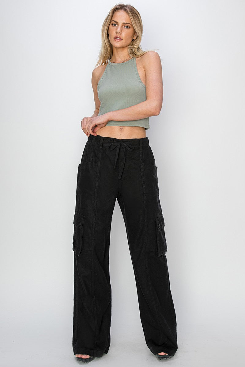 HIGH RISE LINEN WIDE CARGO PANTS