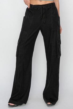 HIGH RISE LINEN WIDE CARGO PANTS