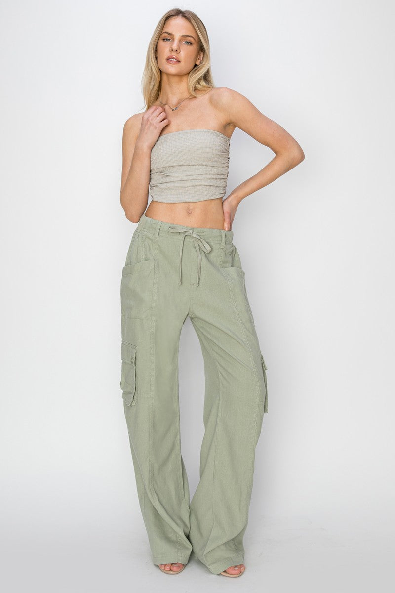 HIGH RISE LINEN WIDE CARGO PANTS