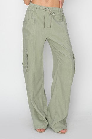 HIGH RISE LINEN WIDE CARGO PANTS