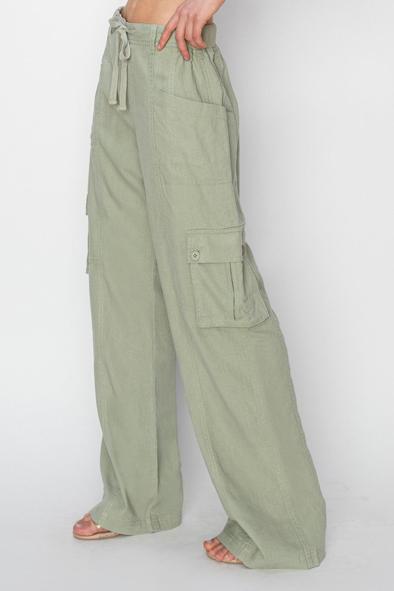 HIGH RISE LINEN WIDE CARGO PANTS