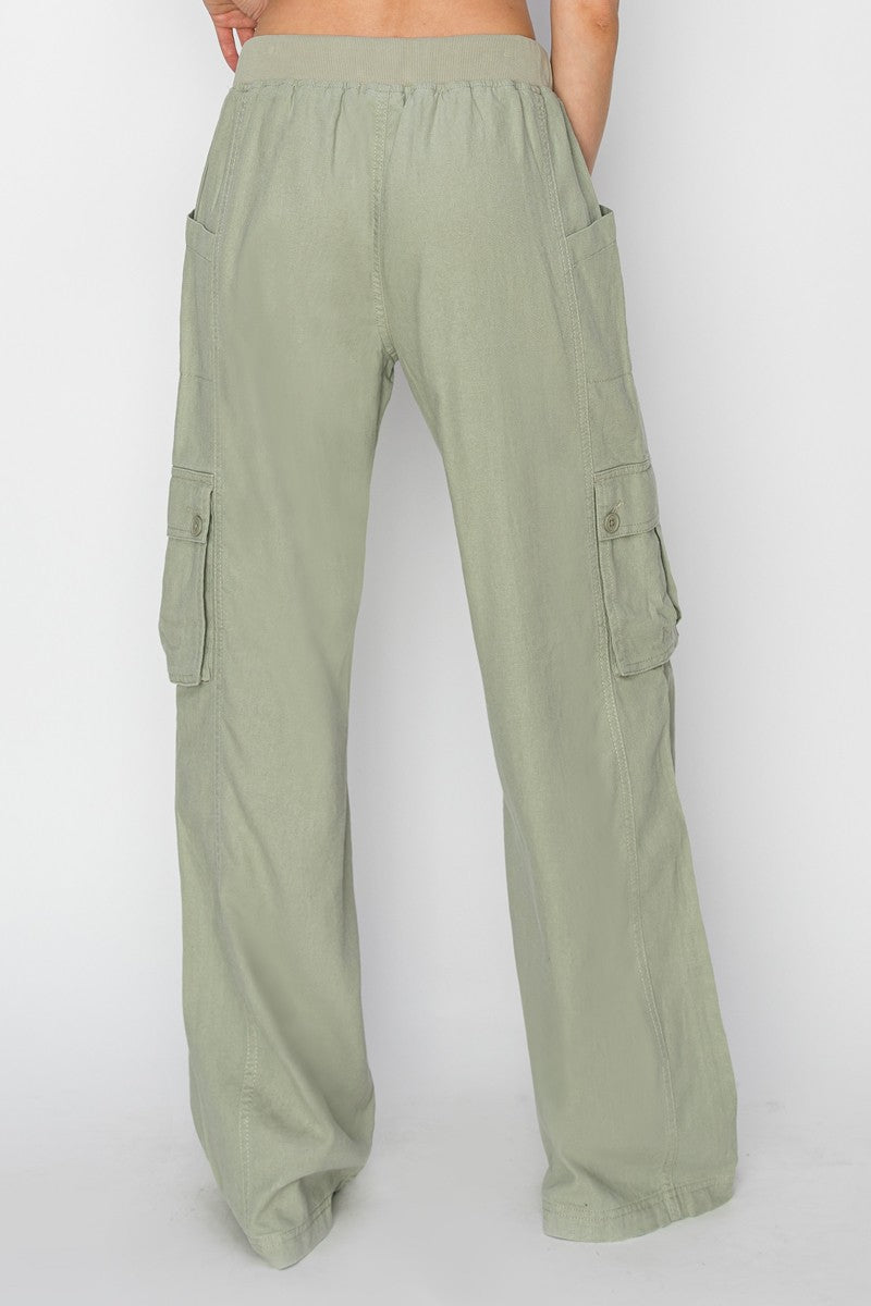 HIGH RISE LINEN WIDE CARGO PANTS