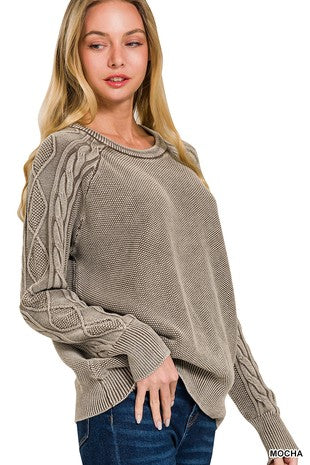 STONE WASHED CABLE-SLEEVE CREWNECK SWEATER