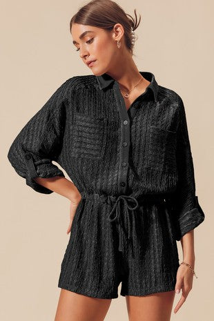 TEXTURED KNIT BUTTON FRONT COVER UP ROMPER