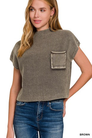 WASHED MOCK NECK SHORT SLEEVE CROPPED SWEATER