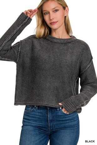 WASHED EXPOSED SEAM CREW NECK CROPPED SWEATER