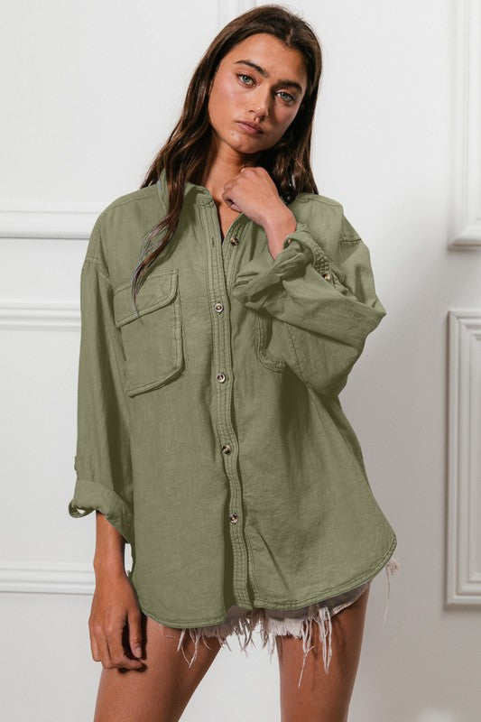 LINEN BLENDED FRONT DOUBLE POCKET BLOUSE TOP