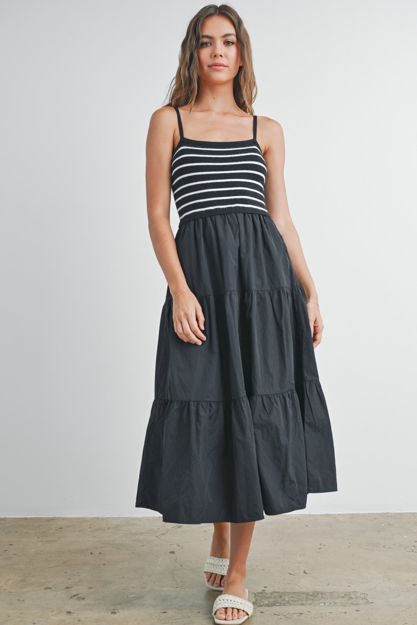 STRIPED SLEEVELESS TIERED MAXI DRESS