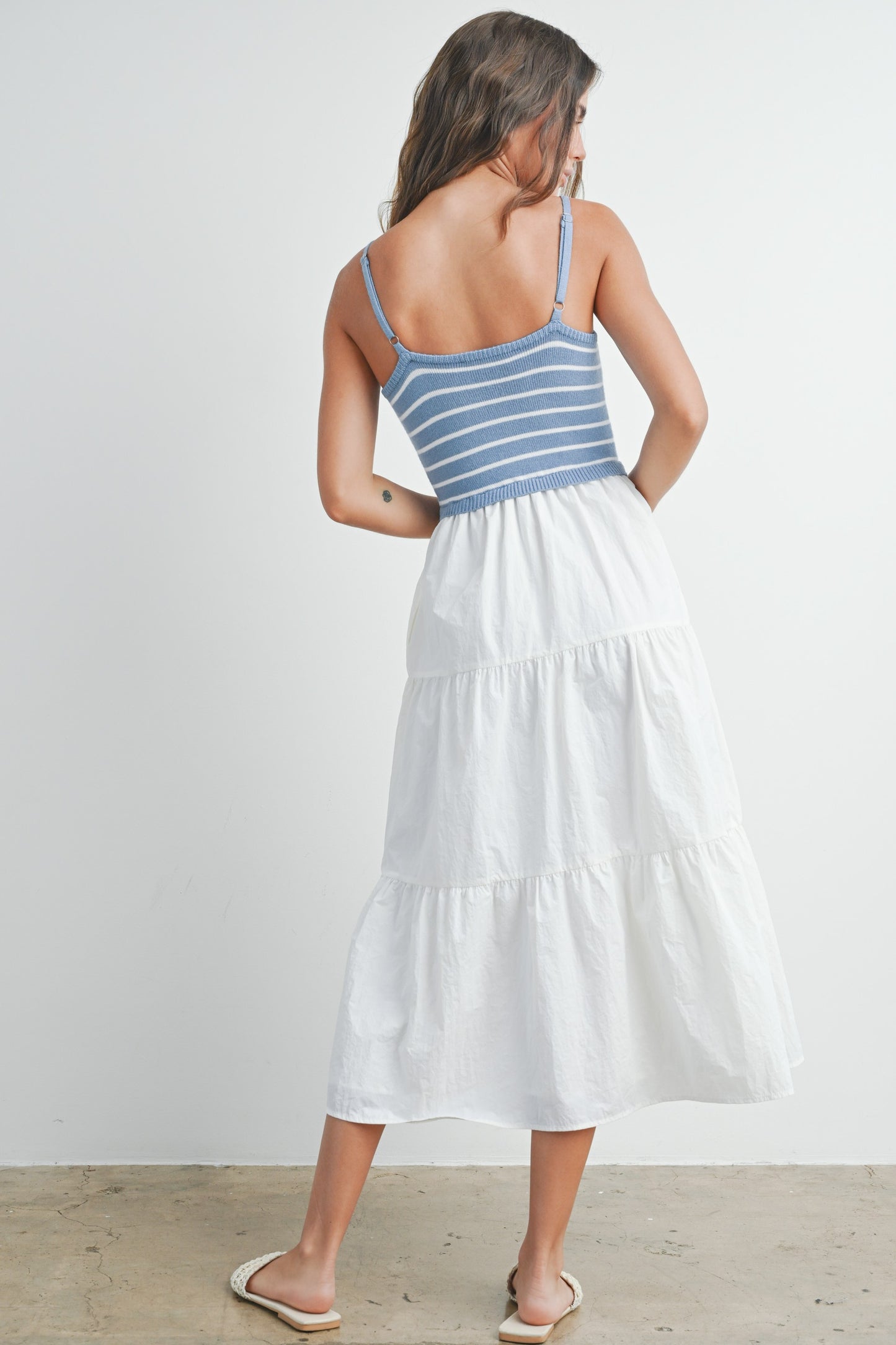 STRIPED SLEEVELESS TIERED MAXI DRESS