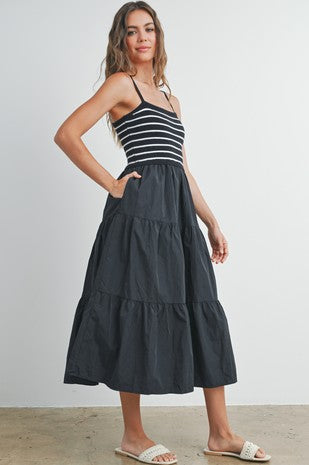 STRIPED SLEEVELESS TIERED MAXI DRESS