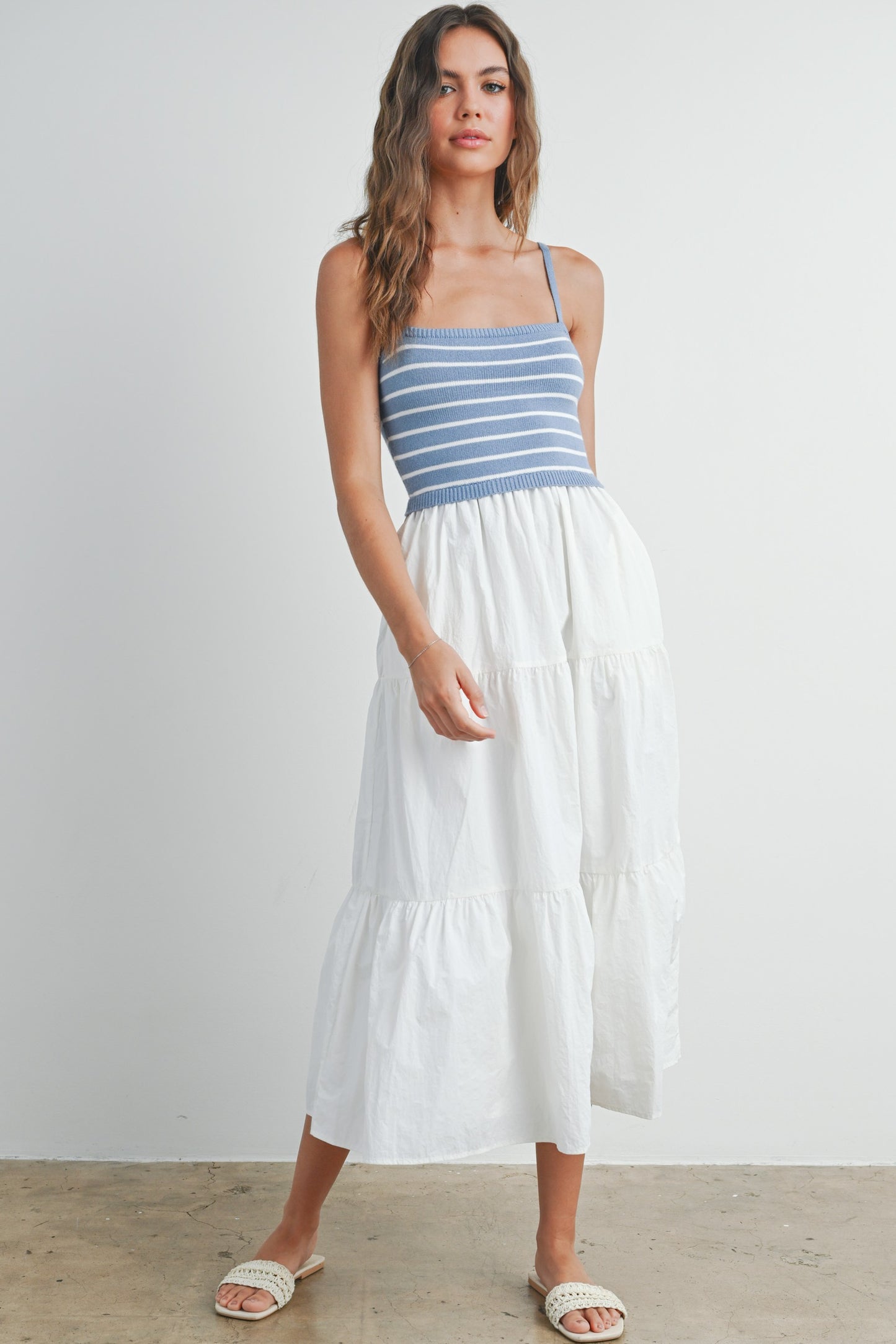 STRIPED SLEEVELESS TIERED MAXI DRESS