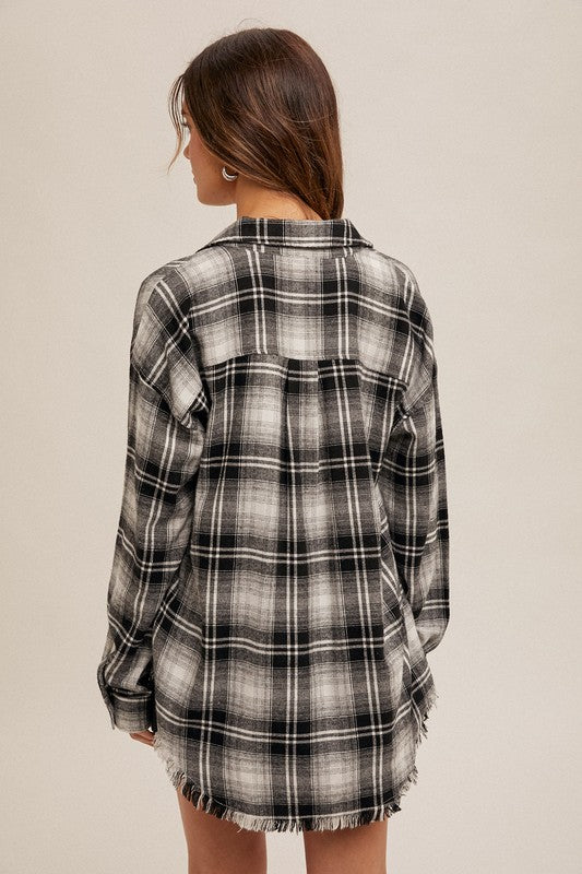 FRINGE HEM DISTRESSED SNOW WASH PLAID SHIRT