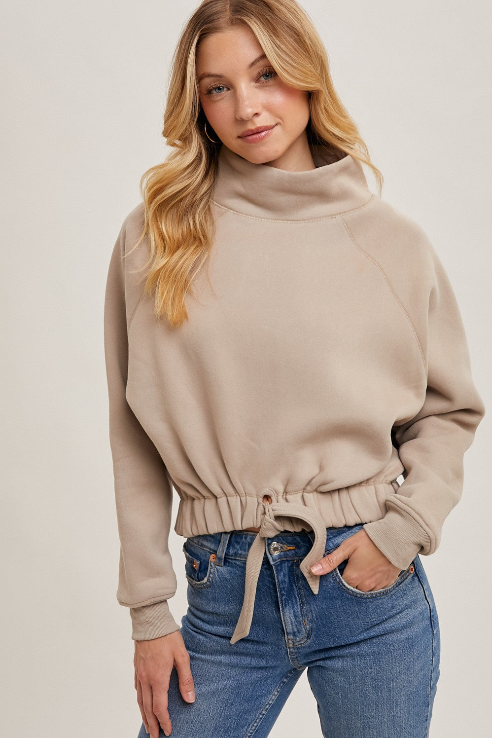 FUNNEL NECK TIE FRONT KNIT SWEATSHIRT