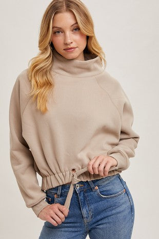 FUNNEL NECK TIE FRONT KNIT SWEATSHIRT