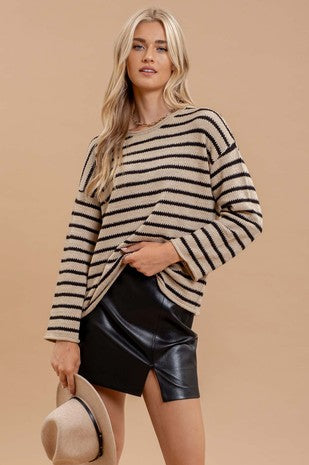 STRIPE BOAT NECK DROP SHOULDER KNIT SWEATER