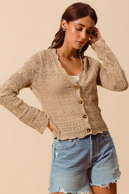 TEXTURE SWEATER CARDIGAN WITH SCALLOPED EDGE