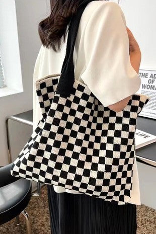 CHECKERED CROCHET KNIT CANVAS COMMUTER BAG