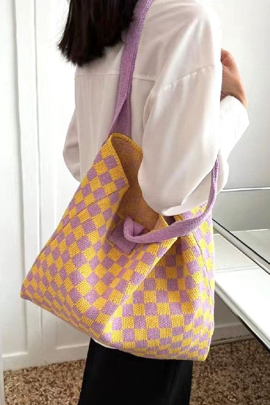 CHECKERED CROCHET KNIT CANVAS COMMUTER BAG