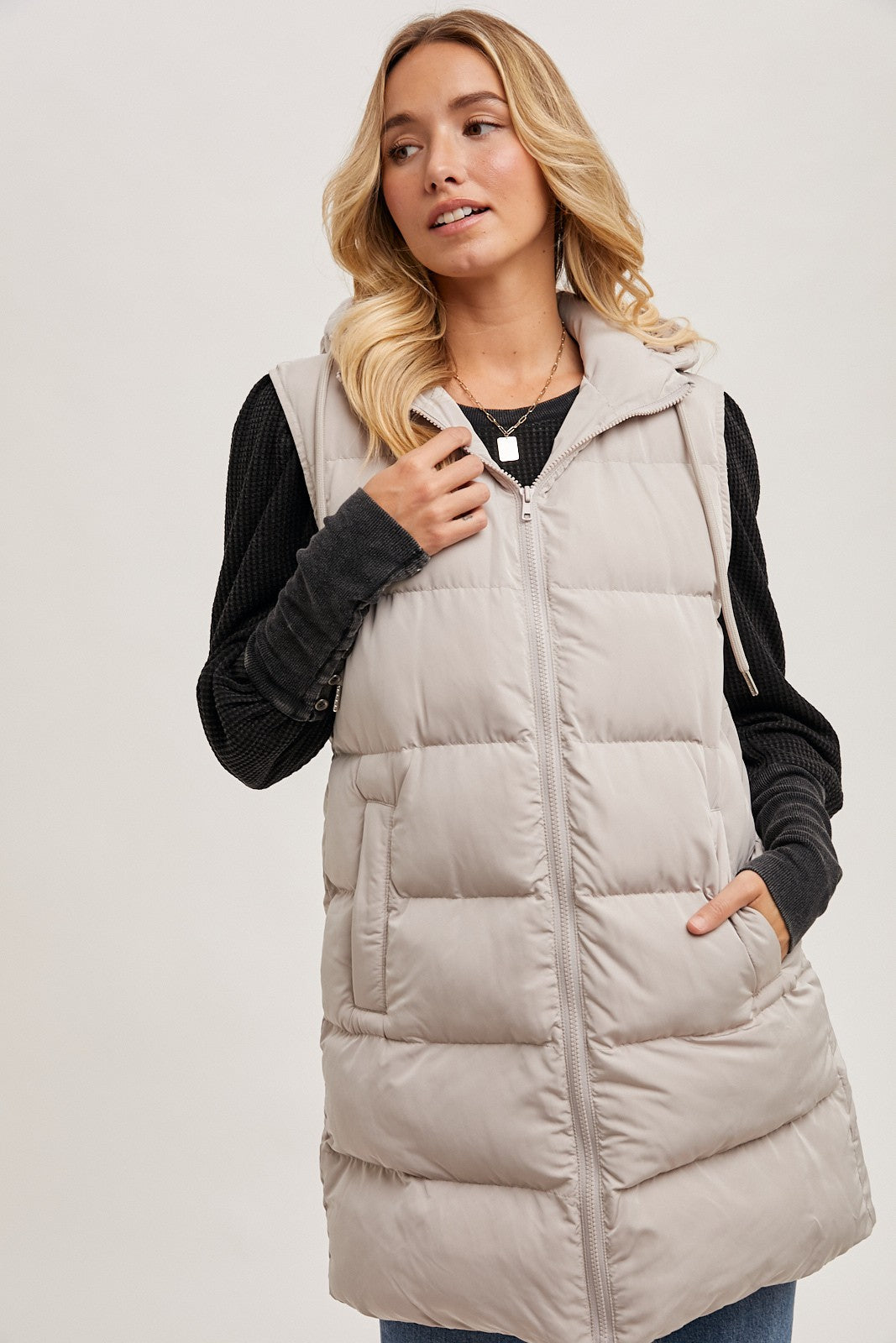 HOODED ZIPPER DOWN LONGLINE PUFFER VEST