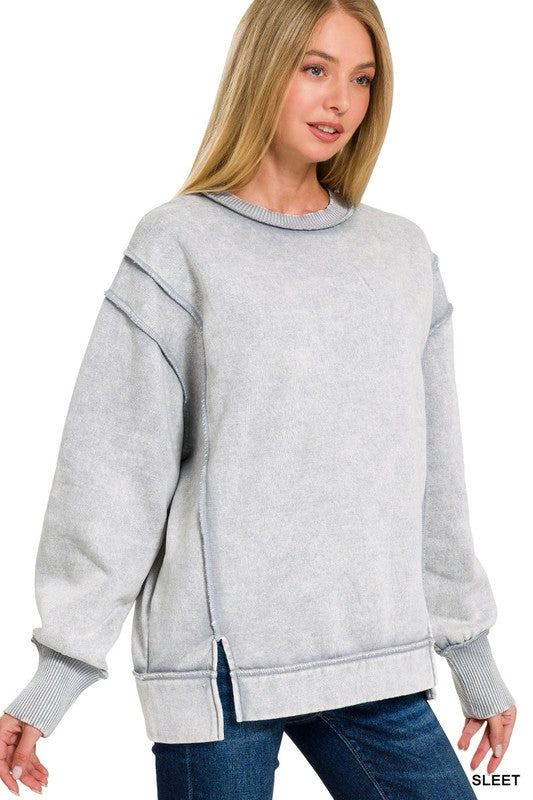 Acid Wash Exposed-seam Fleece Sweatshirt
