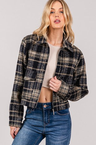 Tartan Brush Zip Up Low Pocket Shacket