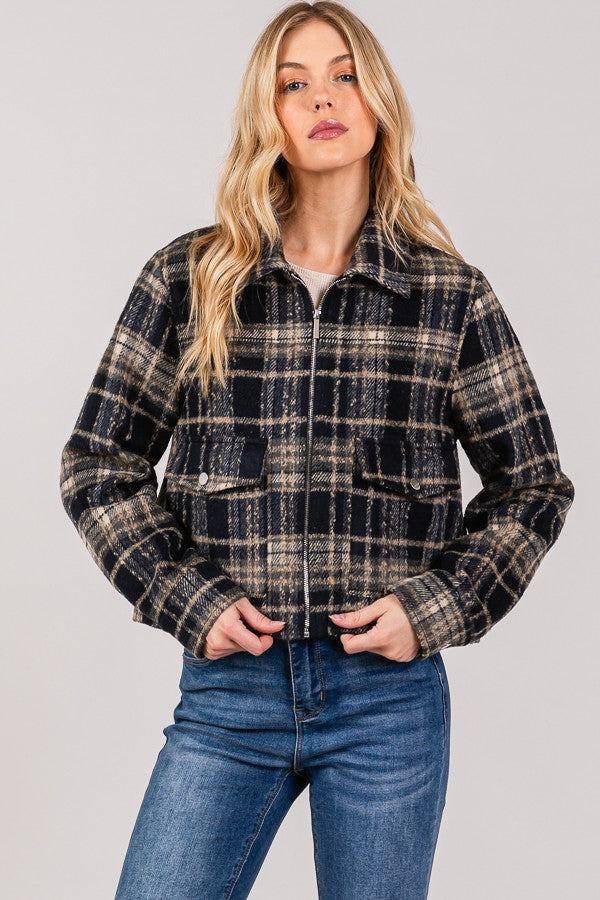 Tartan Brush Zip Up Low Pocket Shacket