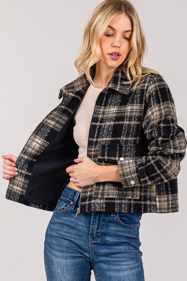 Tartan Brush Zip Up Low Pocket Shacket