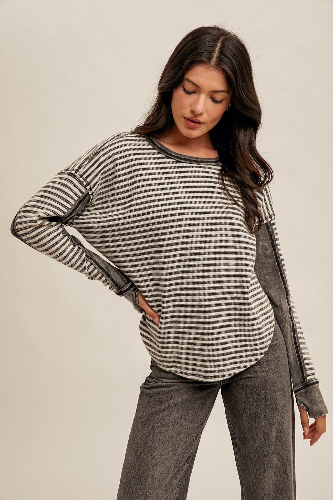 SNOW WASH STRIPE THERMAL OVERSIZED TOP