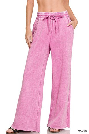 Acid Wash Fleece Palazzo Sweatpants With Pockets