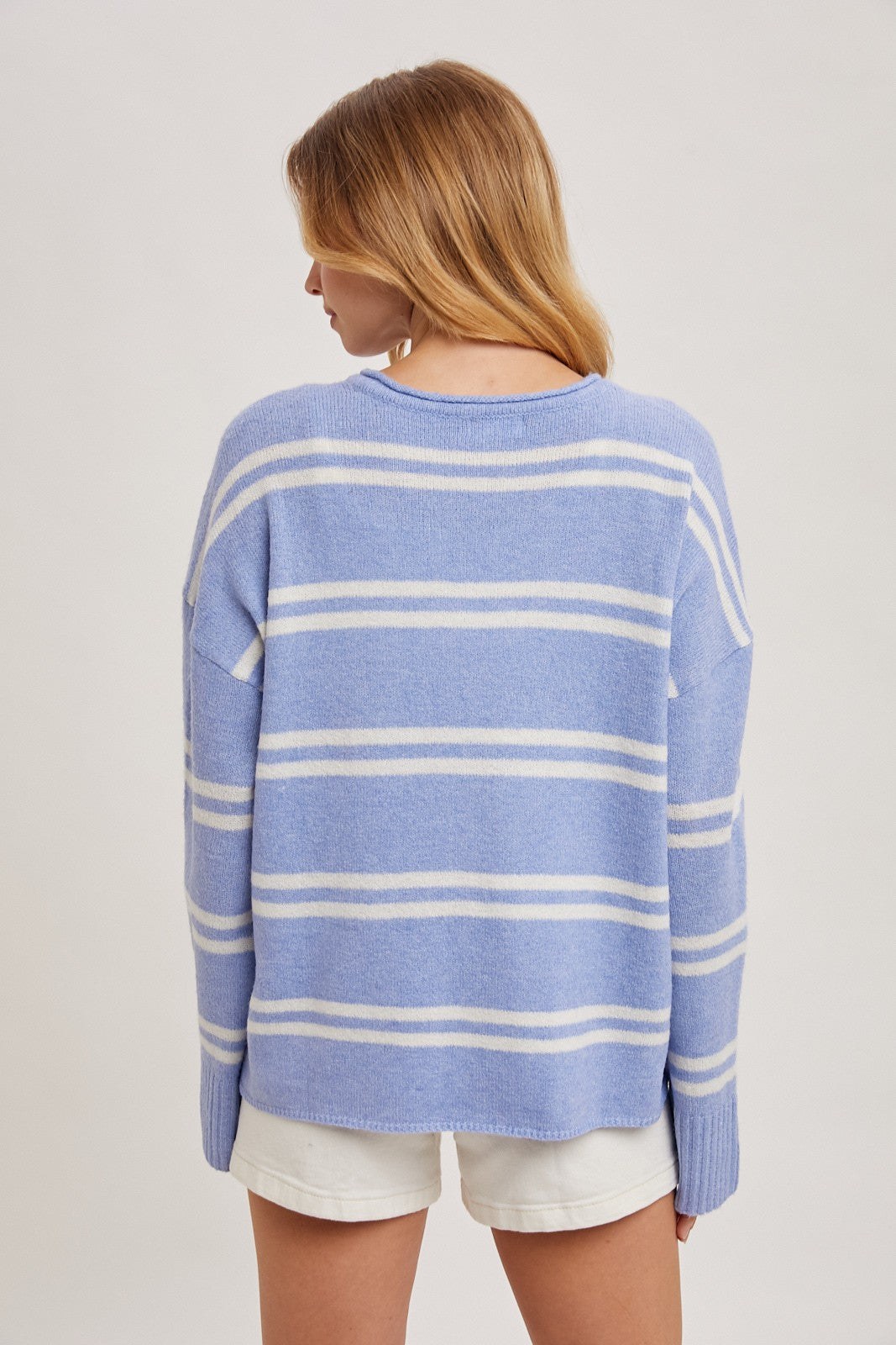Notch-neck Striped Knit Sweater