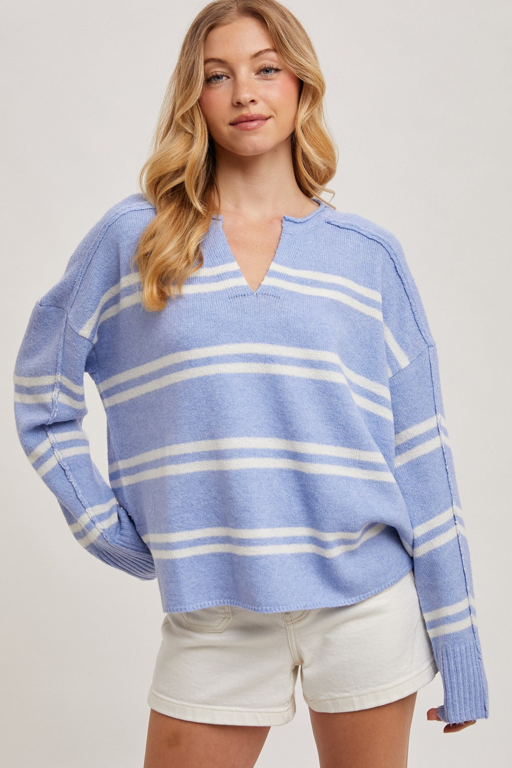 Notch-neck Striped Knit Sweater