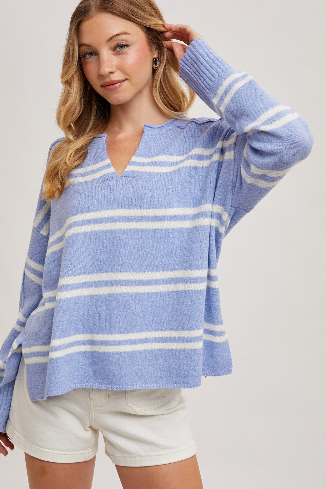Notch-neck Striped Knit Sweater