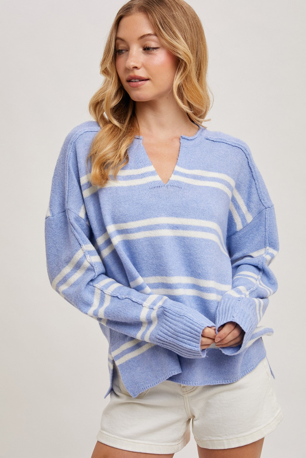 Notch-neck Striped Knit Sweater
