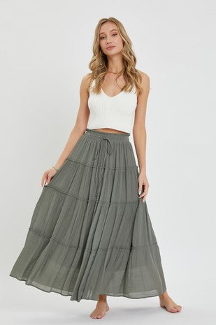 CASUAL PULL ON ELASTIC WAIST TIERED MAXI SKIRT