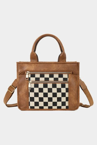 Faux Leather Checkered Top Handle Crossbody Bag