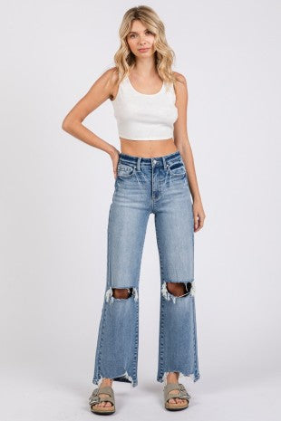 High Rise Stretch Slim Wide Leg W/ Destroyed Hem