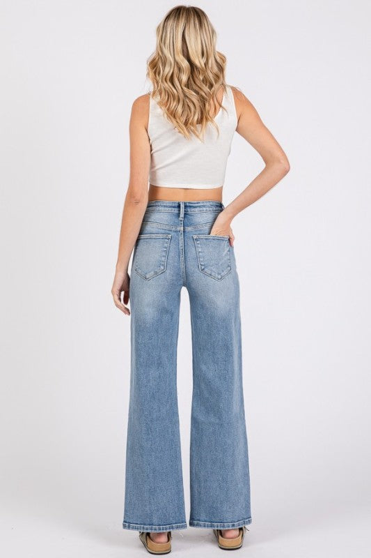 High Rise Stretch Slim Wide Leg W/ Destroyed Hem
