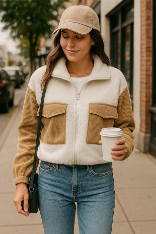 Colorblock Sherpa Corduroy Zip-up Jacket