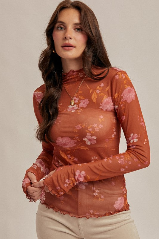 Floral Mesh Print Cabbage Hem Long Sleeve Top