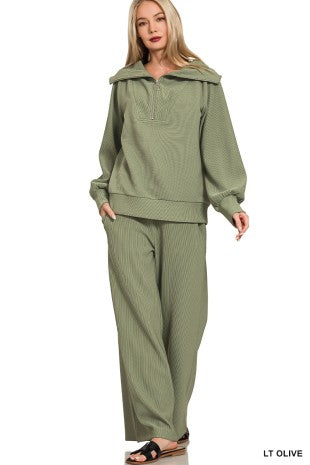 Ribbed High Neck Half Zip Pullover & Pants Set