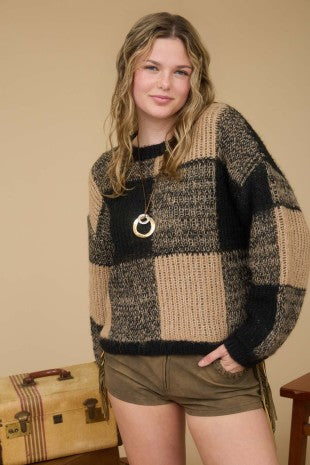 Plaid Knit Pattern Crewneck Pullover Sweater