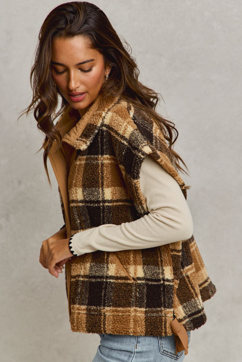 Plaid Sherpa Faux Oversized Vest Jacket