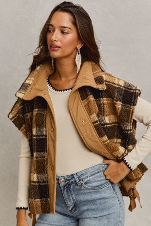 Plaid Sherpa Faux Oversized Vest Jacket